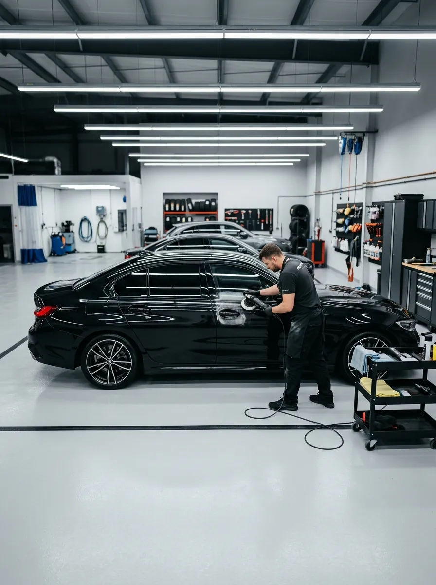 En person som utför helrekond på sin bil i ett väl upplyst garage.