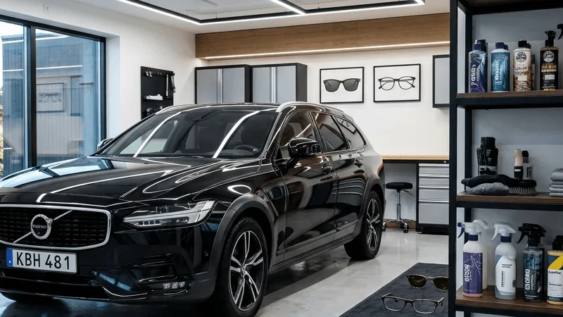 En bil i ett väl upplyst garage efter applicering av keramiskt lackskydd.