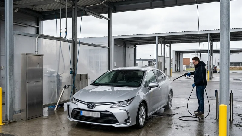 En silvrig bil parkerad i en modern självtvätthall där en person gör sig redo att använda högtryckssprutan.